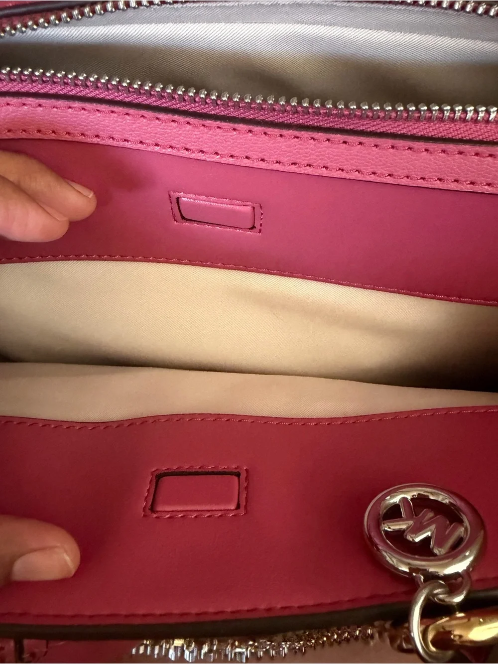 Michael Kors Hot Pink Leather Laila Satchel with Gold & Silver Chain Detail